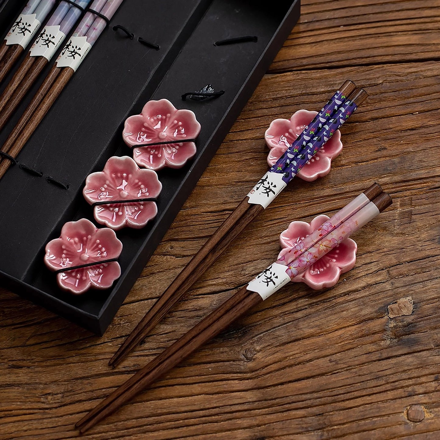 Natural Wood Chopstick Set with Sakura Chopstick Rests