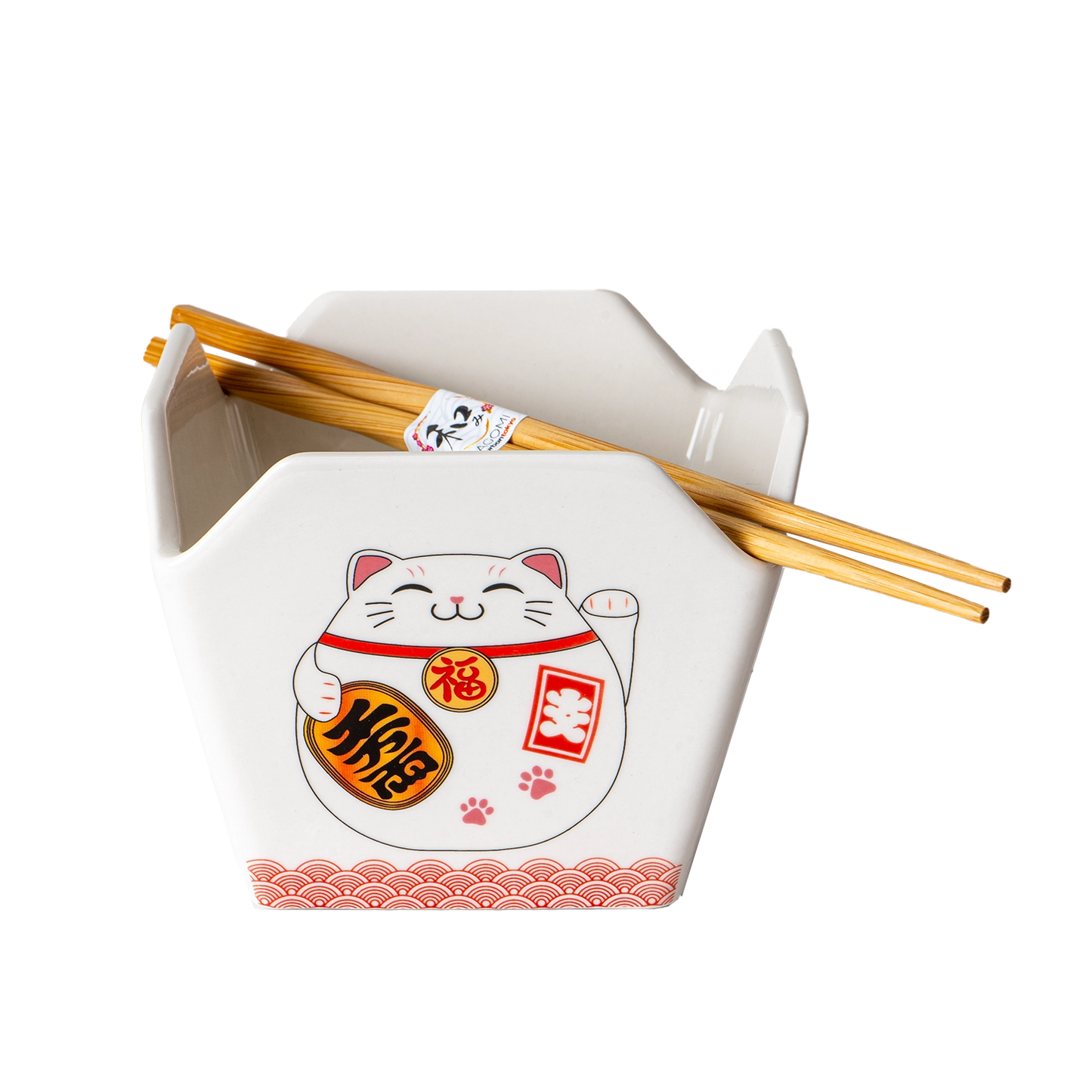 Takeout Box Serving Bowl with Chopsticks Lucky Cat