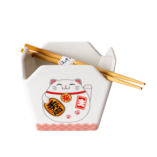 Takeout Box Serving Bowl with Chopsticks Lucky Cat
