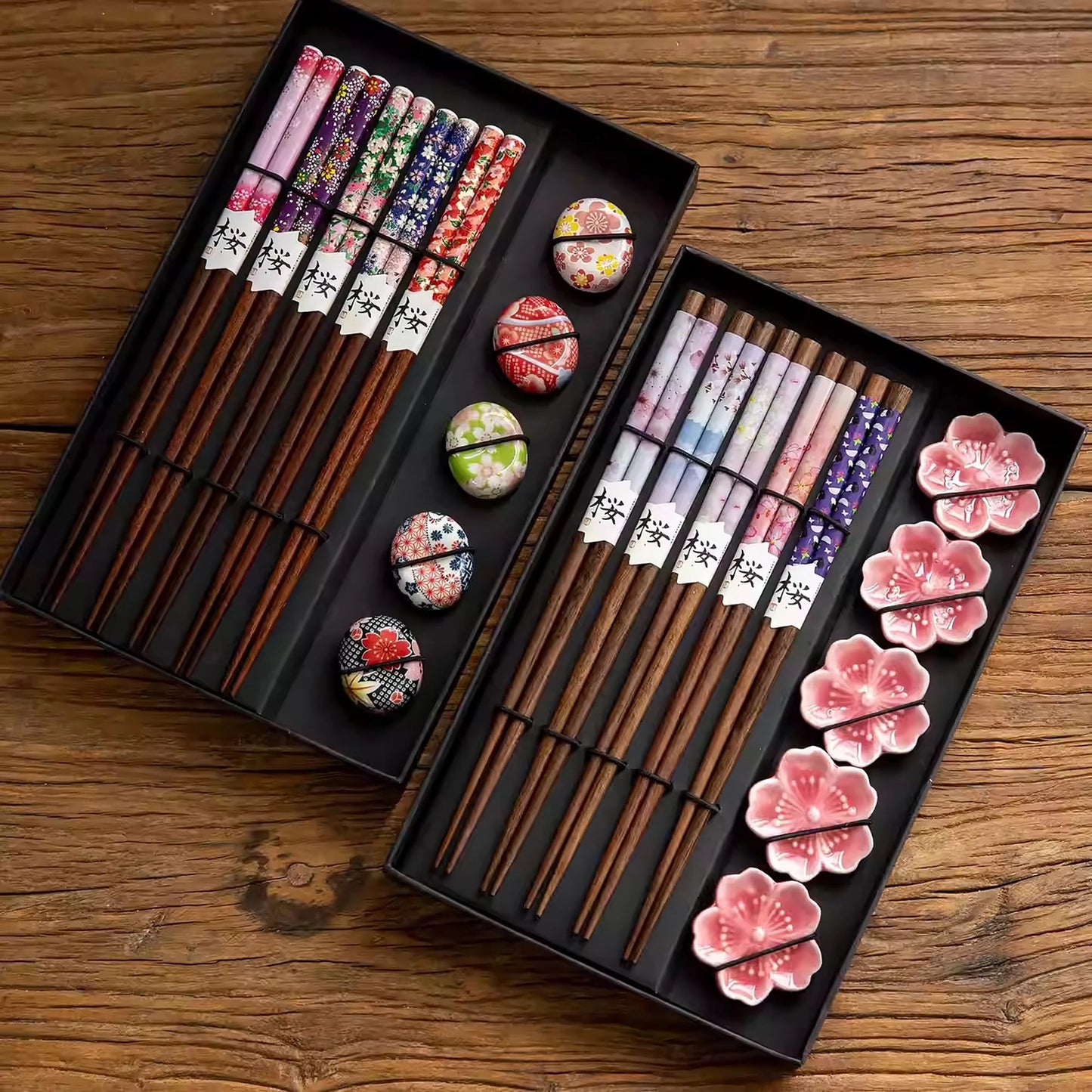 Natural Wood Chopstick Set with Sakura Chopstick Rests