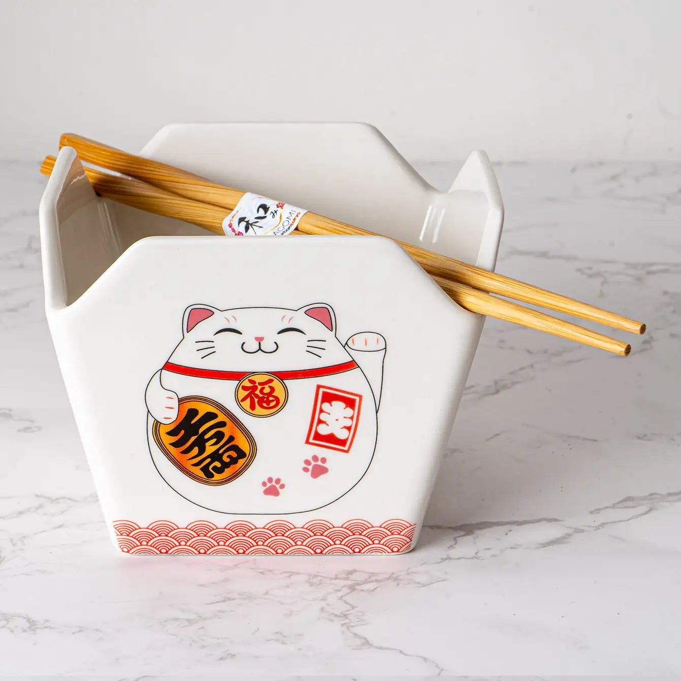 Takeout Box Serving Bowl with Chopsticks Lucky Cat