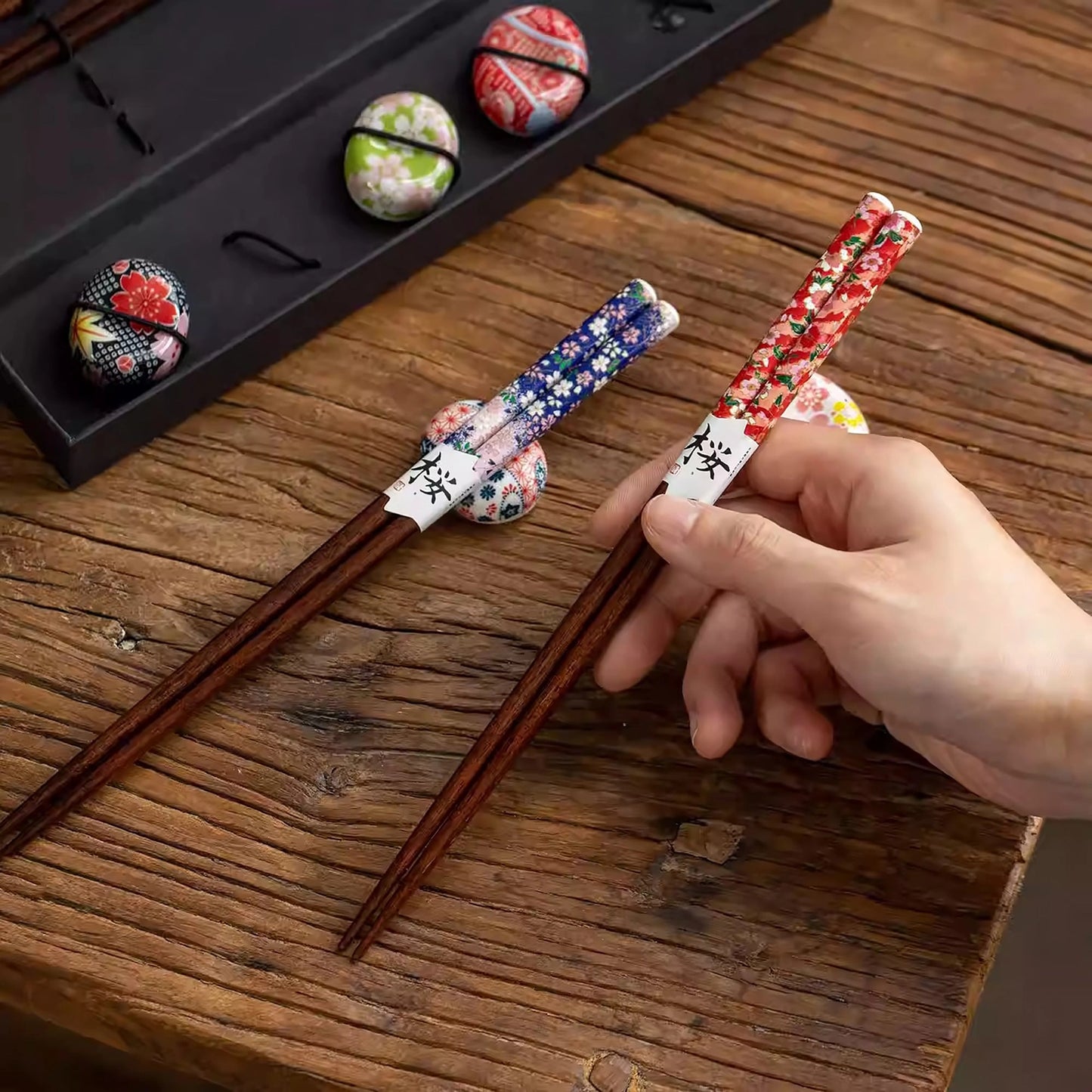 Natural Wood Chopstick Set with Sakura Chopstick Rests